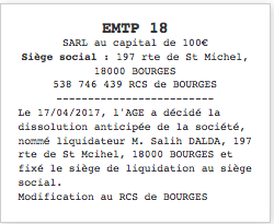exemple annonce legale dissolution